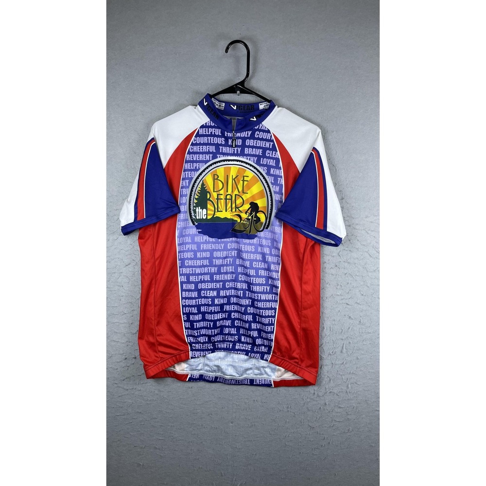 V-Gear Bike The Bear‎ Graphic Cycling Jersey Mens XL Red Blue 1/4 Zip Shirt